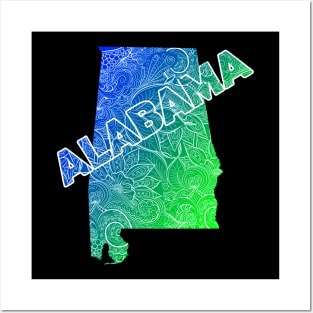 Colorful mandala art map of Alabama with text in blue and green Posters and Art